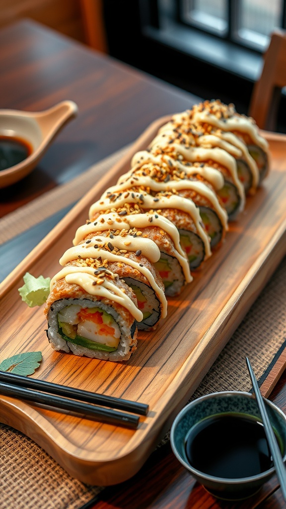 1 meter mentai sushi roll with shrimp, cucumber, avocado, and mentai sauce on a wooden platter.